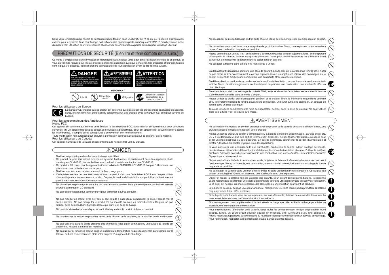 Danger avertissement attention, Danger, Avertissement | Olympus FLASH HIGH VOLTAGE SET FS-HV1 User Manual | Page 18 / 30