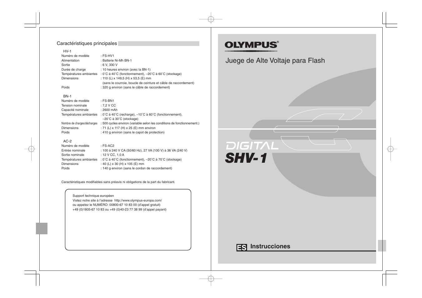 Shv-1, Juege de alte voltaje para flash, Instrucciones | Olympus FLASH HIGH VOLTAGE SET FS-HV1 User Manual | Page 23 / 30