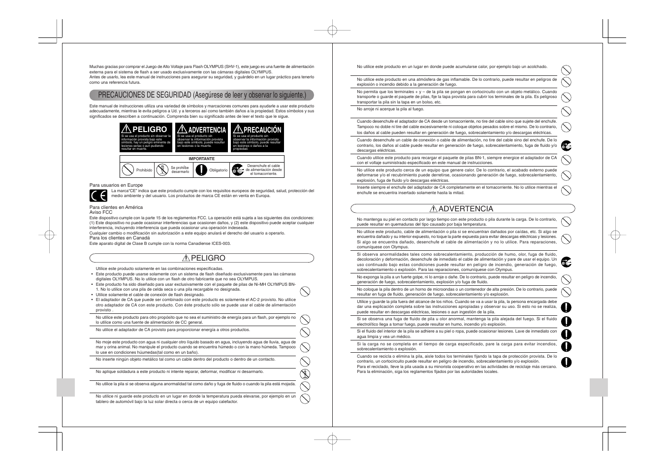 Peligro advertencia precaución, Peligro, Advertencia | Olympus FLASH HIGH VOLTAGE SET FS-HV1 User Manual | Page 24 / 30