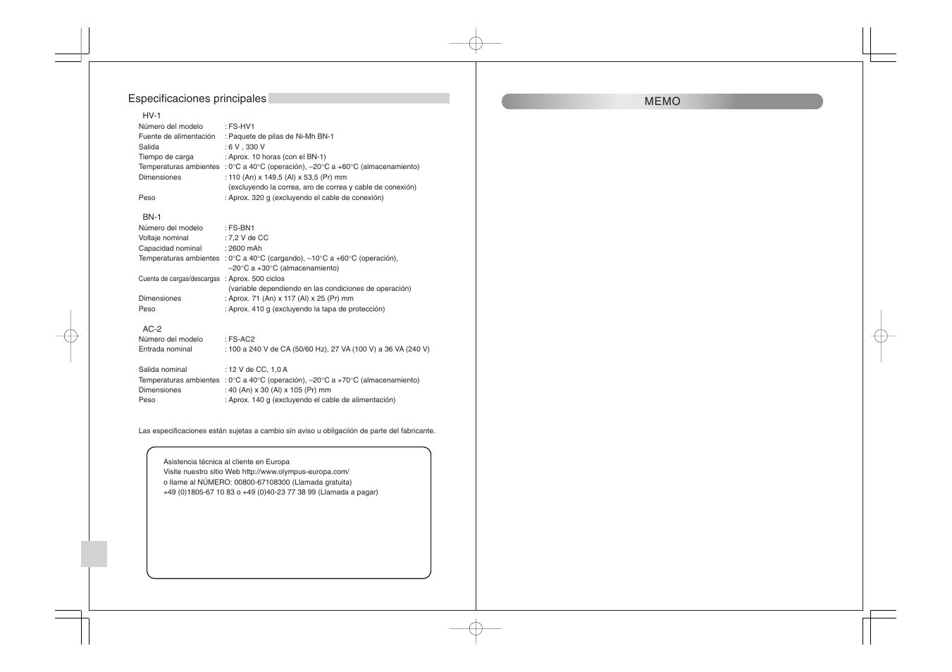 Especificaciones principales | Olympus FLASH HIGH VOLTAGE SET FS-HV1 User Manual | Page 29 / 30