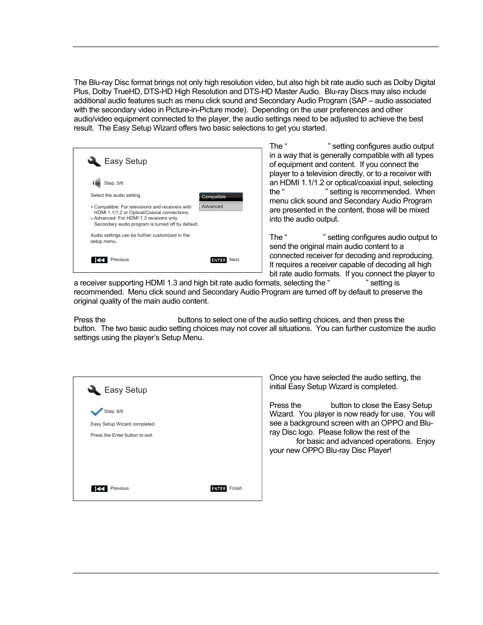 Select the audio setting, Complete the easy setup wizard, Easy setup | OPPO Digital BDP-83 User Manual | Page 29 / 81