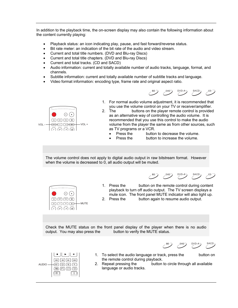 Volume control, Mute, Audio language/track selection | OPPO Digital BDP-83 User Manual | Page 33 / 81