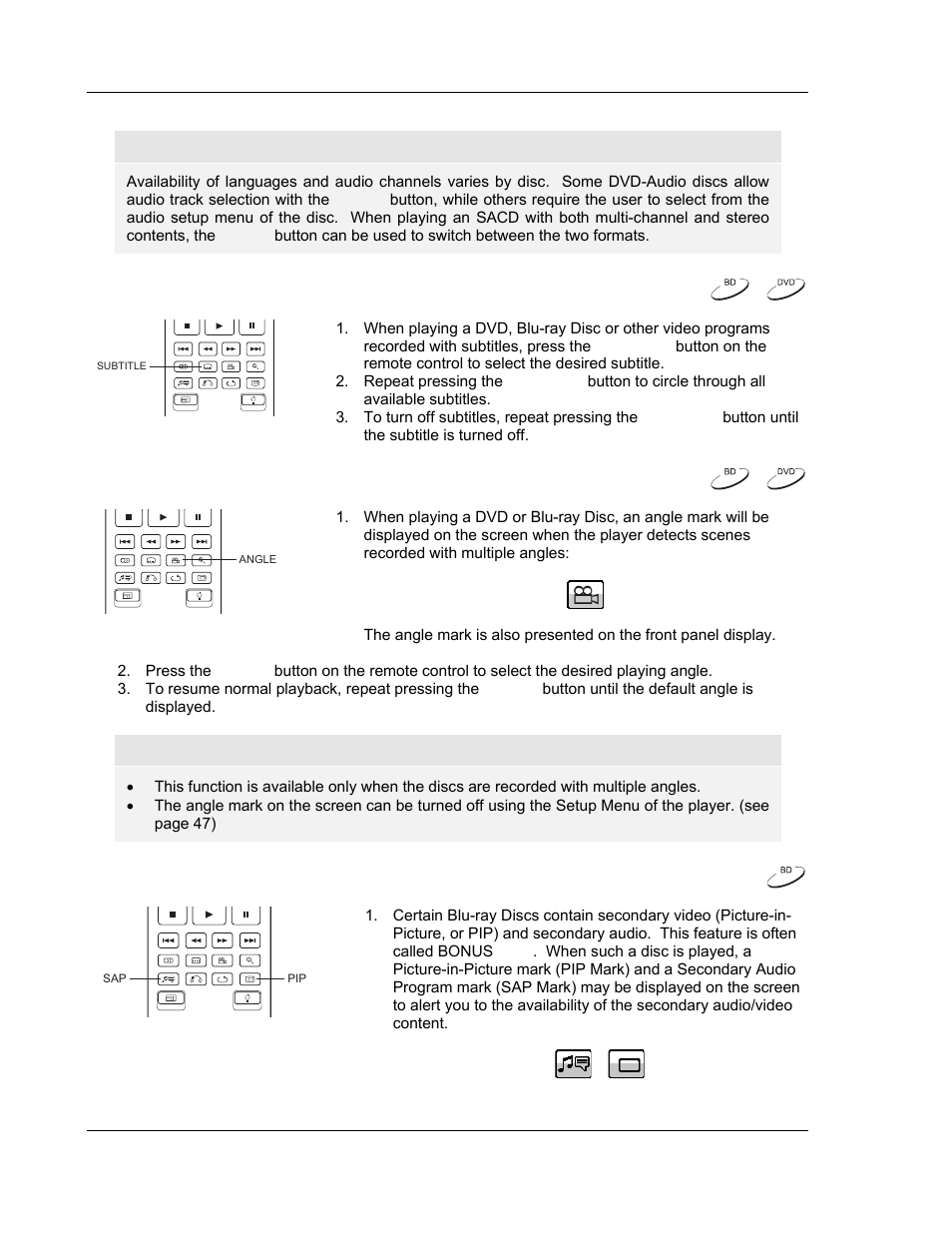 Subtitle selection, Angle selection, Picture-in-picture and secondary audio | OPPO Digital BDP-83 User Manual | Page 34 / 81