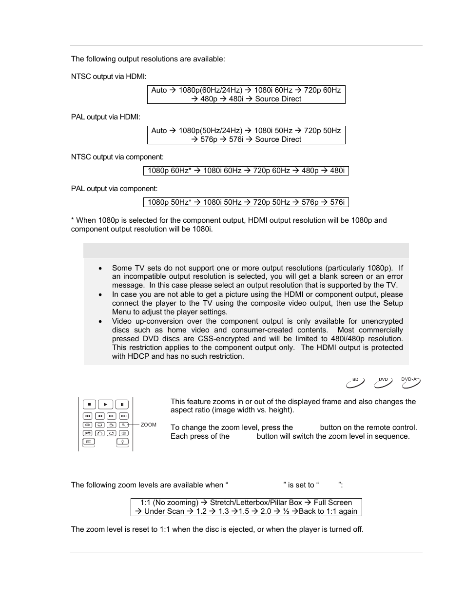 Zooming and aspect ratio control, Zoom levels for hdmi output | OPPO Digital BDP-83 User Manual | Page 37 / 81