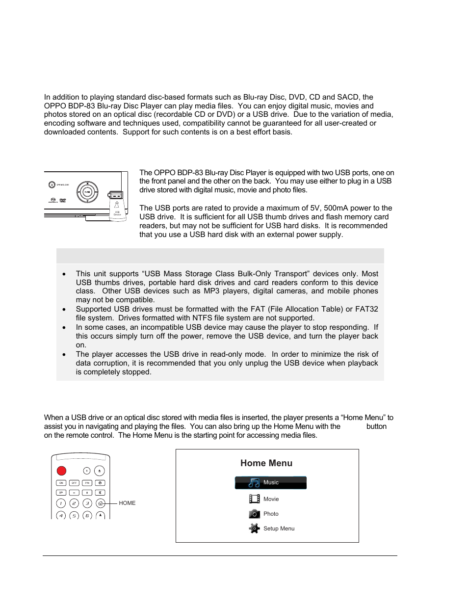 Media file playback, Playback from a usb drive, The home menu | OPPO Digital BDP-83 User Manual | Page 46 / 81