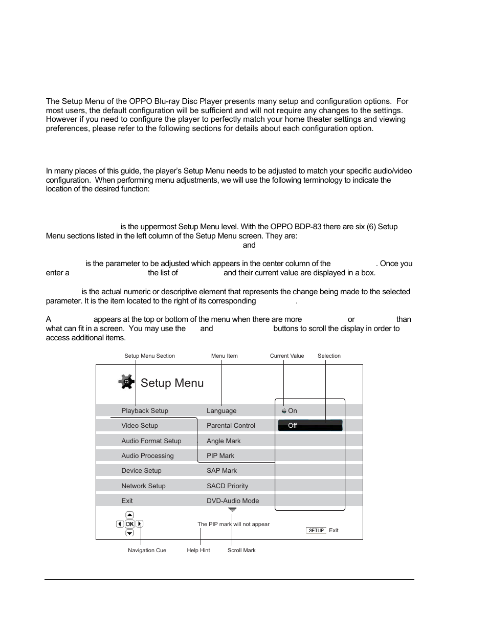 Setup menu options, Using the setup menu system, Setup menu | OPPO Digital BDP-83 User Manual | Page 50 / 81