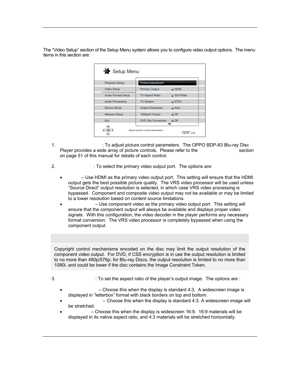 Video setup, Setup menu | OPPO Digital BDP-83 User Manual | Page 55 / 81