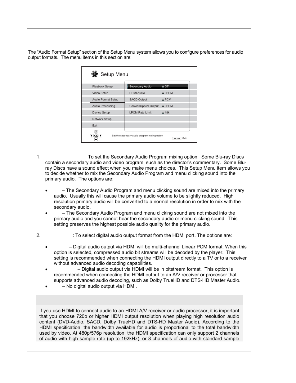 Audio format setup, Setup menu | OPPO Digital BDP-83 User Manual | Page 62 / 81