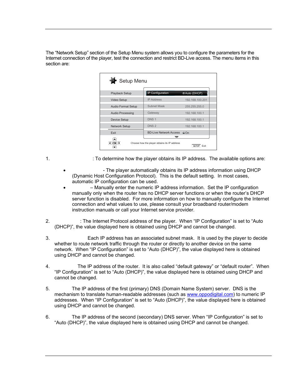 Network setup, 69 of the, Setup menu | OPPO Digital BDP-83 User Manual | Page 75 / 81