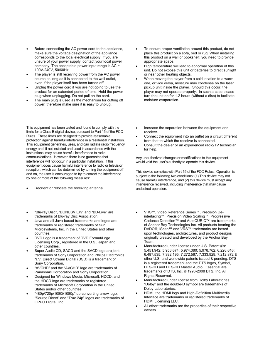 Precautions, Fcc statement, Trademarks | OPPO Digital BDP-83 User Manual | Page 8 / 81