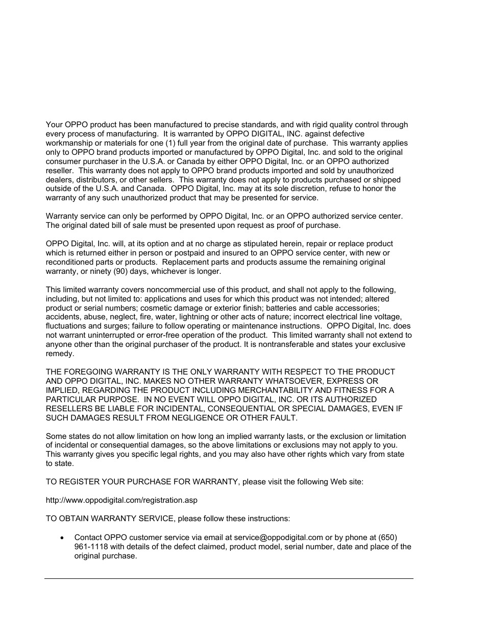 Limited warranty, Oppo digital, inc. limited one year warranty | OPPO Digital BDP-83 User Manual | Page 80 / 81