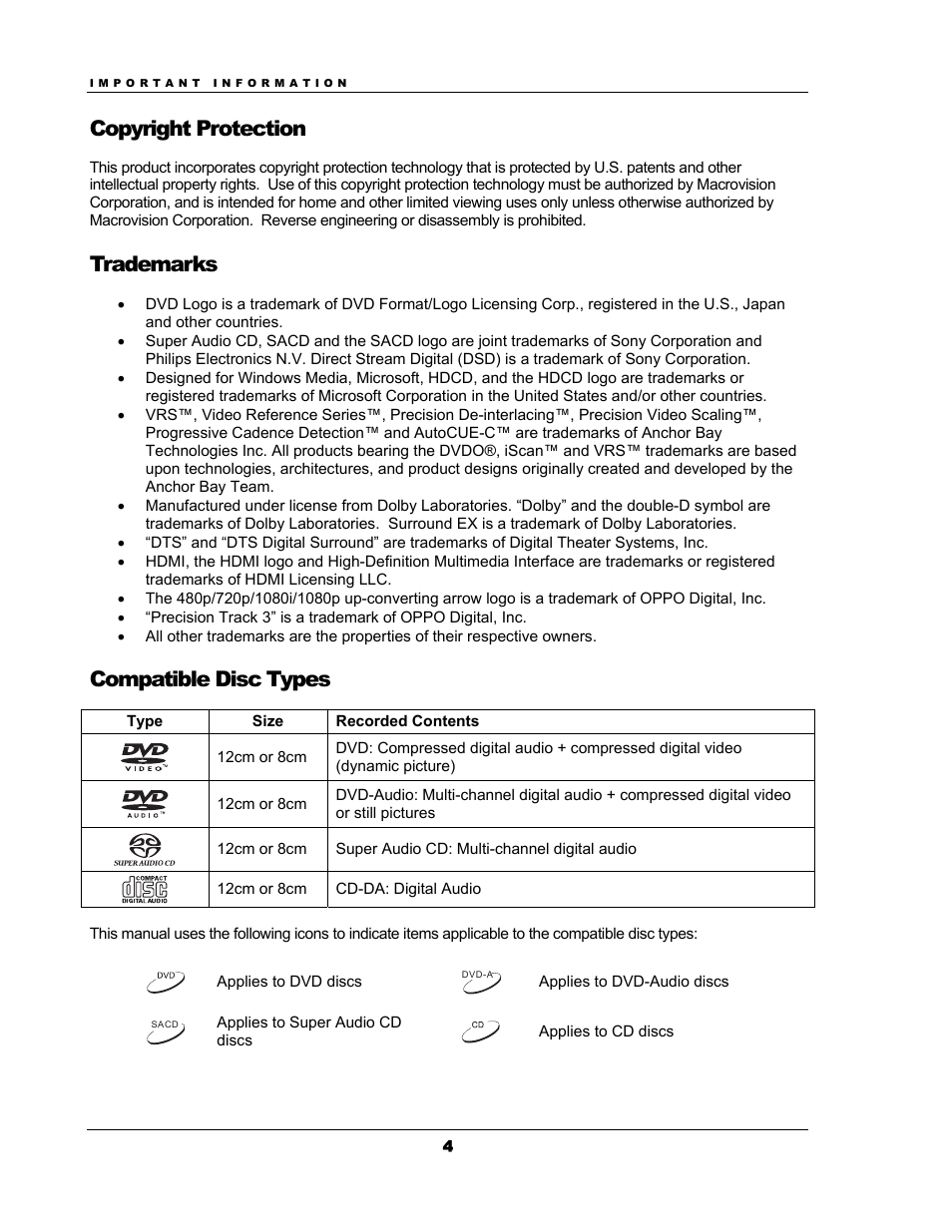 Copyright protection, Trademarks, Compatible disc types | OPPO Digital OPPO DV-983H User Manual | Page 10 / 70