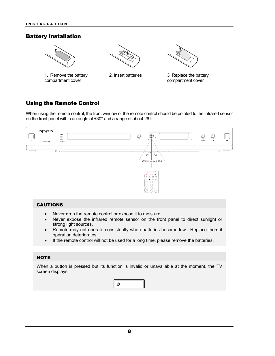 Battery installation, Using the remote control | OPPO Digital OPPO DV-983H User Manual | Page 14 / 70