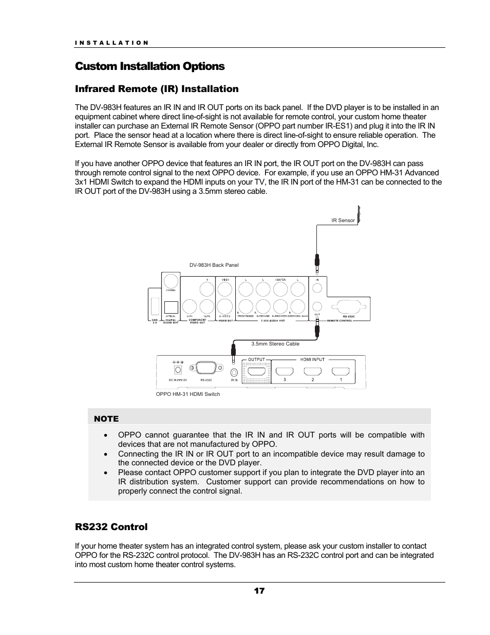 Custom installation options, Infrared remote (ir) installation, Rs232 control | OPPO Digital OPPO DV-983H User Manual | Page 23 / 70