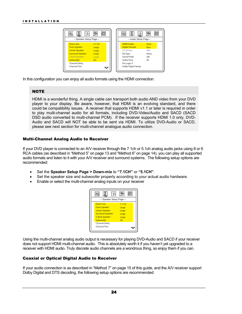 Multi-channel analog audio to receiver, Coaxial or optical digital audio to receiver | OPPO Digital OPPO DV-983H User Manual | Page 30 / 70