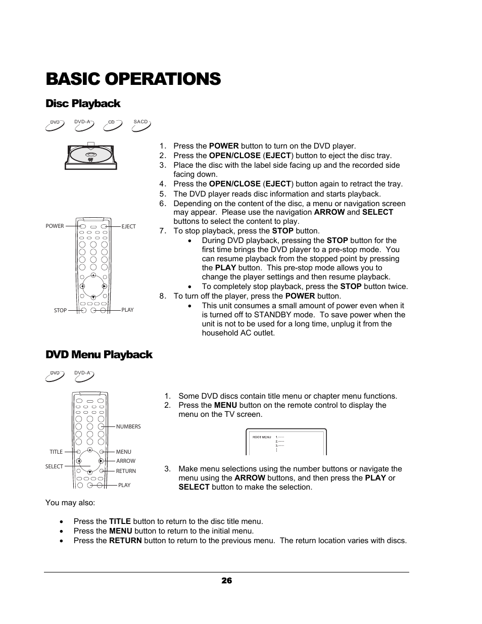 Basic operations, Disc playback, Dvd menu playback | OPPO Digital OPPO DV-983H User Manual | Page 32 / 70