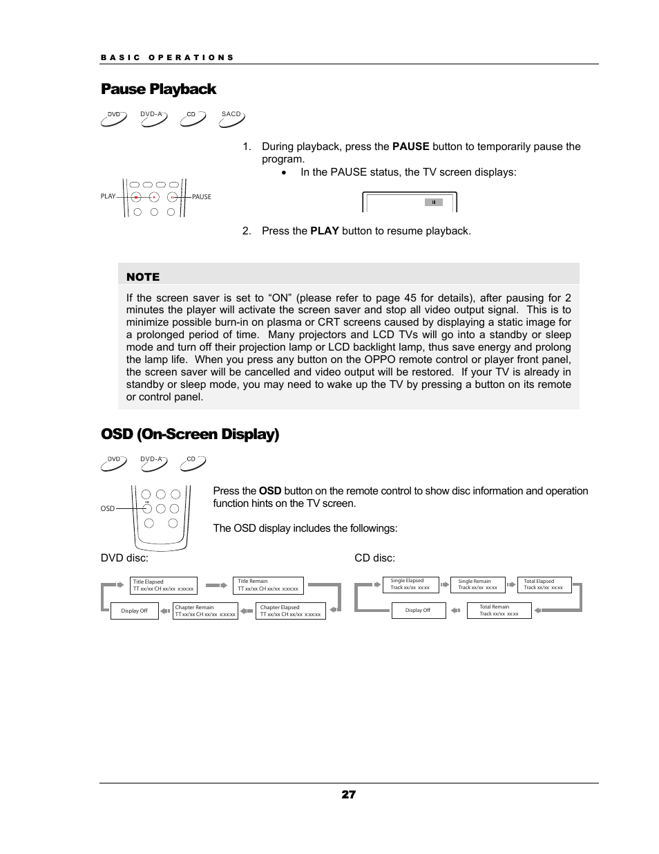 Pause playback, Osd (on-screen display) | OPPO Digital OPPO DV-983H User Manual | Page 33 / 70
