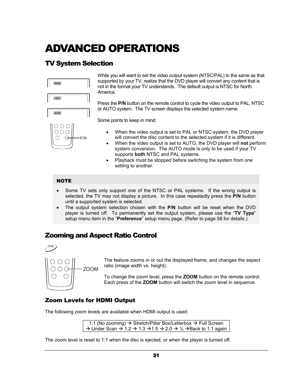 Advanced operations, Tv system selection, Zooming and aspect ratio control | Zoom levels for hdmi output | OPPO Digital OPPO DV-983H User Manual | Page 37 / 70