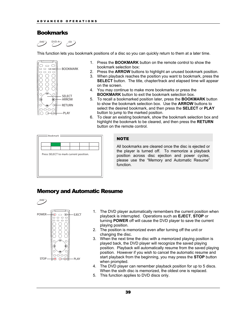 Bookmarks, Memory and automatic resume | OPPO Digital OPPO DV-983H User Manual | Page 45 / 70