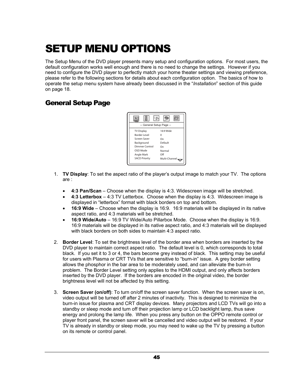 Setup menu options, General setup page | OPPO Digital OPPO DV-983H User Manual | Page 51 / 70