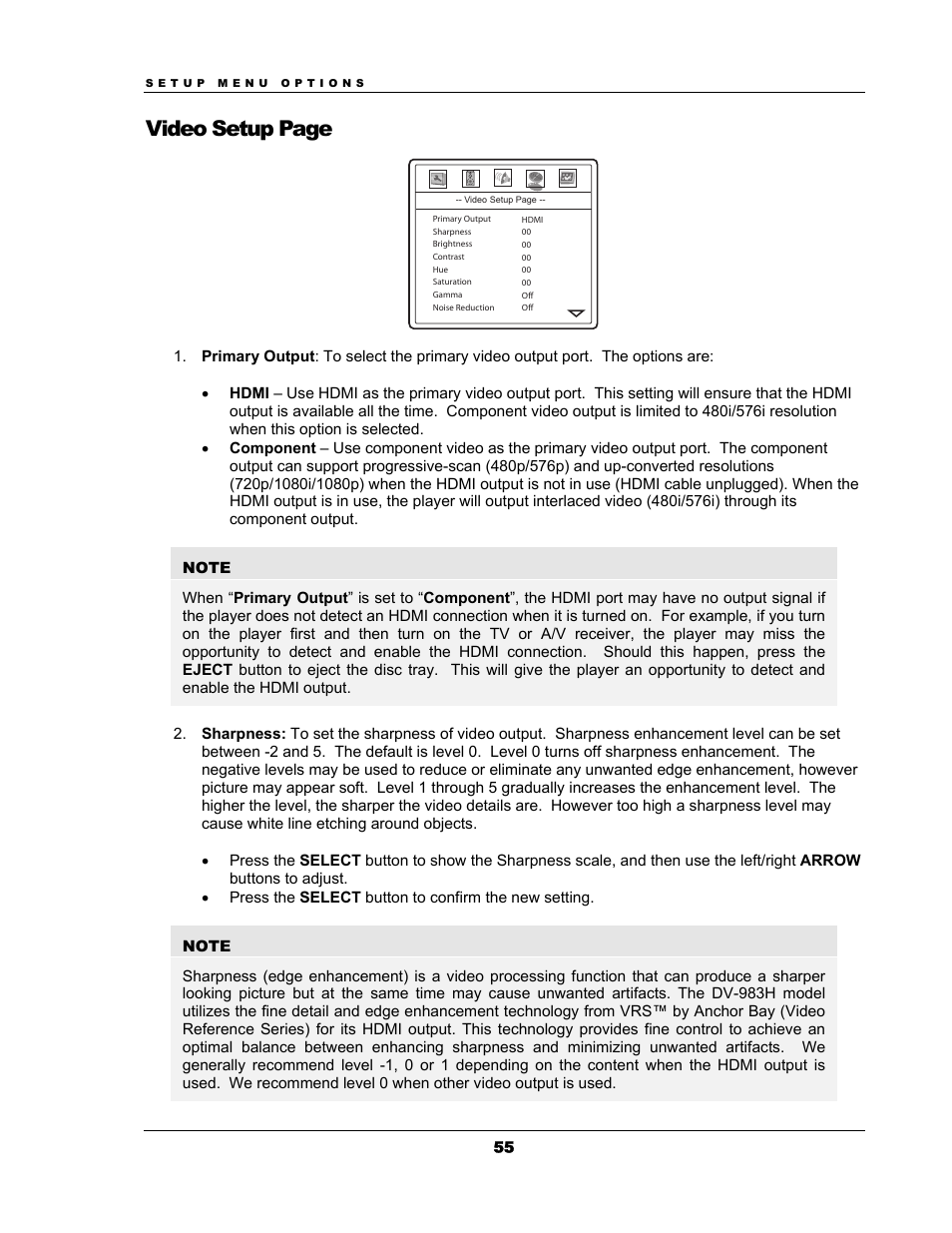 Video setup page | OPPO Digital OPPO DV-983H User Manual | Page 61 / 70