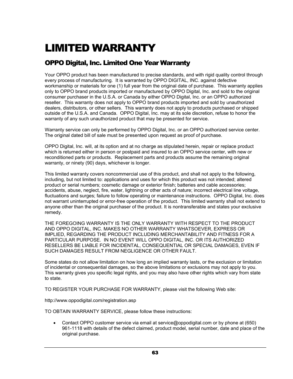 Limited warranty, Oppo digital, inc. limited one year warranty | OPPO Digital OPPO DV-983H User Manual | Page 69 / 70