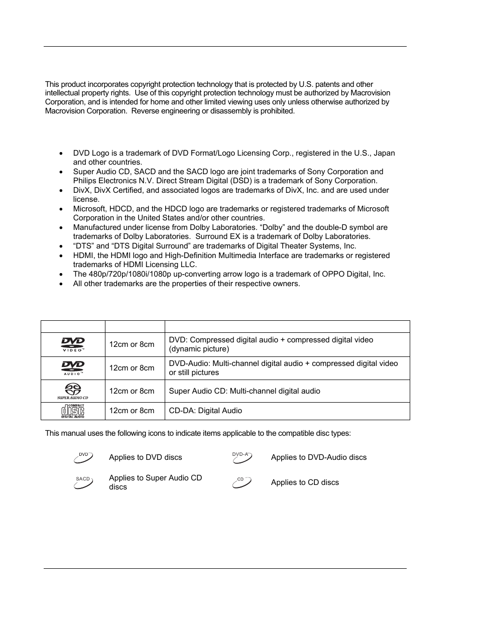 Copyright protection, Trademarks, Compatible disc types | OPPO Digital OPPO DV-980H User Manual | Page 8 / 61