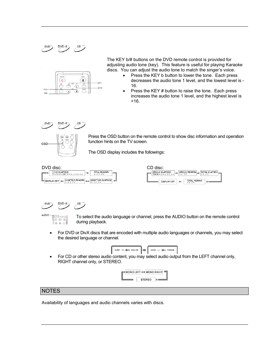 Audio tone control, Osd (on-screen display), Audio language/channel selection | OPPO Digital OPDV971H User Manual | Page 19 / 42