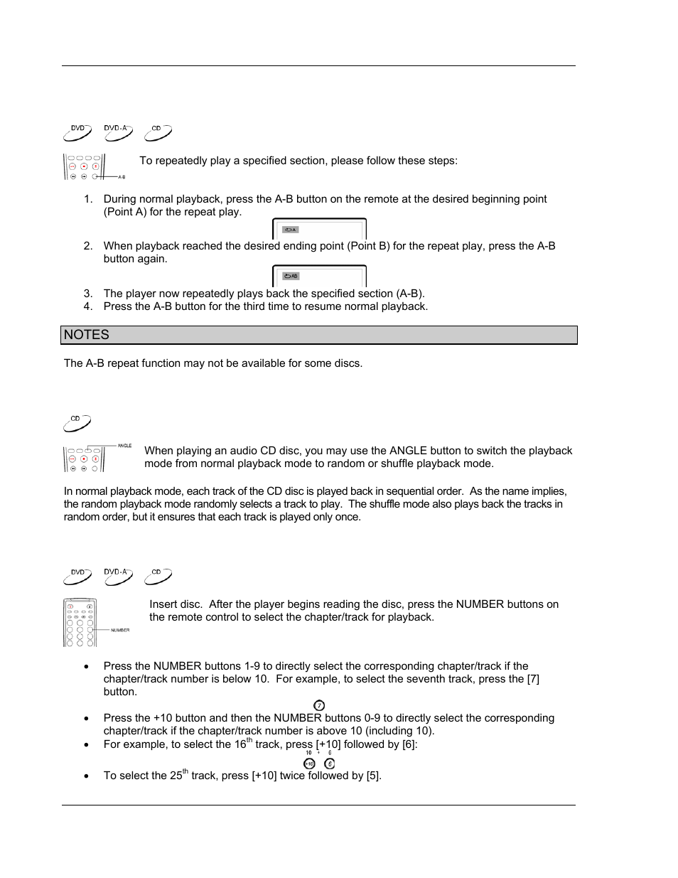 Repeat the selected section, Random and shuffle playback, Playback by track number | OPPO Digital OPDV971H User Manual | Page 24 / 42