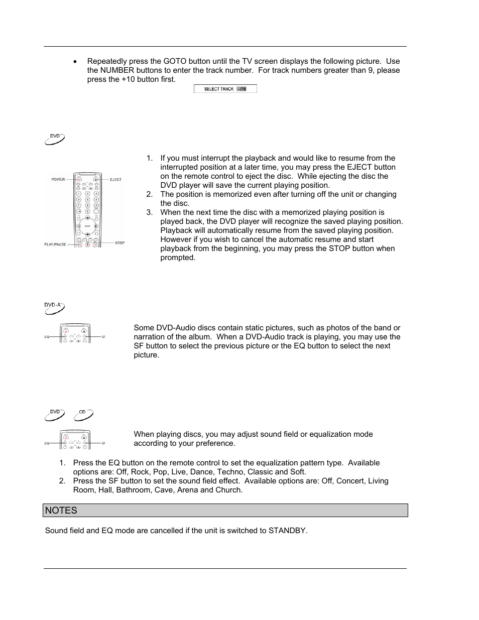 Memory and automatic resume, Viewing static pictures on dvd-audio discs, Sound field and eq mode adjustment | OPPO Digital OPDV971H User Manual | Page 26 / 42