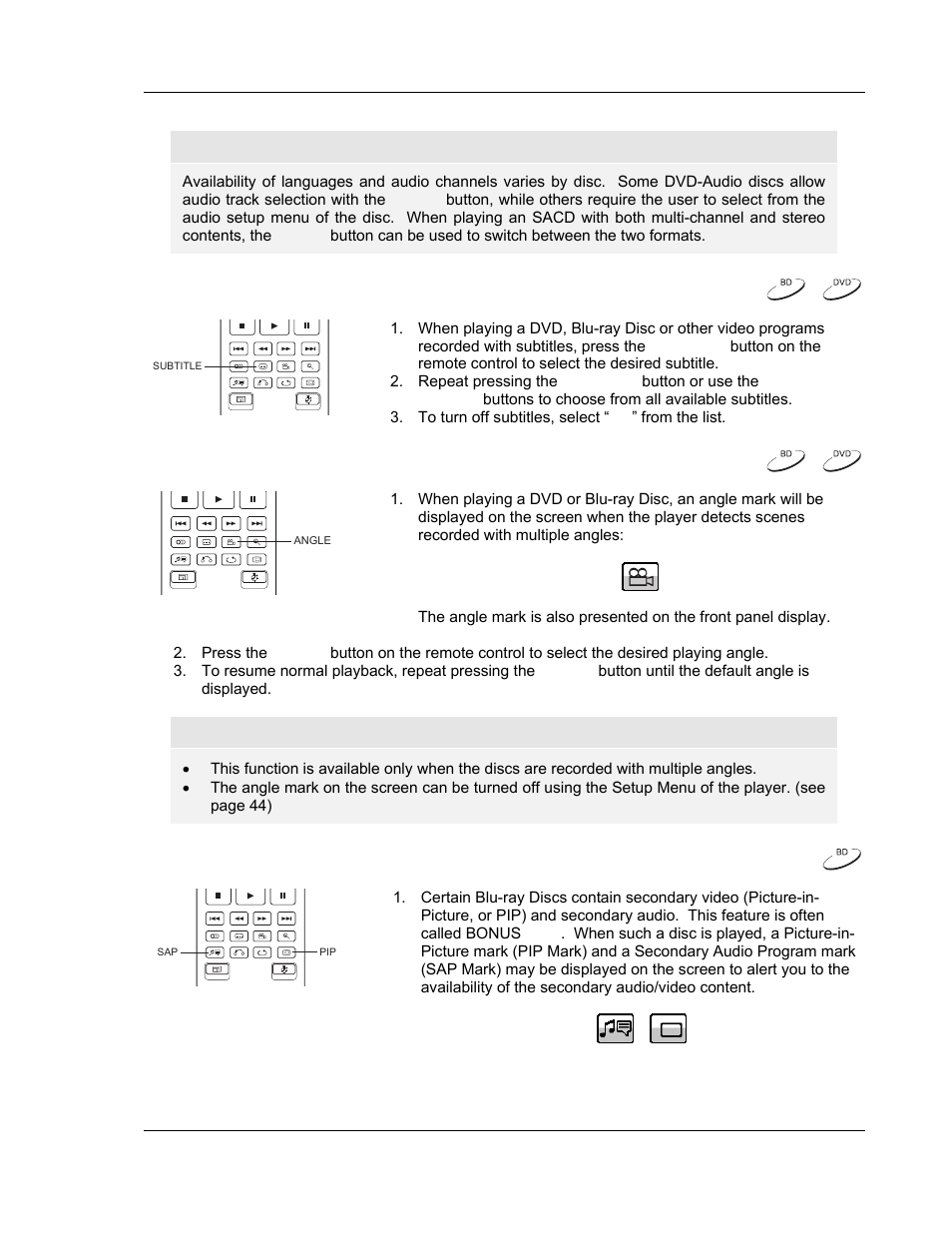 Subtitle selection, Angle selection, Picture-in-picture and secondary audio | OPPO Digital BDP-80 User Manual | Page 33 / 76