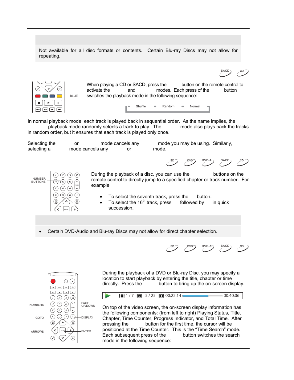 Shuffle and random playback, Playback by chapter or track number, Playback from a specific location | Dvd and blu-ray discs | OPPO Digital BDP-80 User Manual | Page 40 / 76