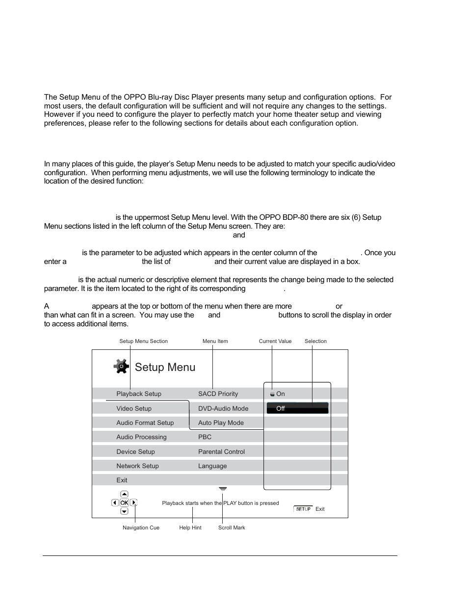 Setup menu options, Using the setup menu system, Setup menu | OPPO Digital BDP-80 User Manual | Page 48 / 76