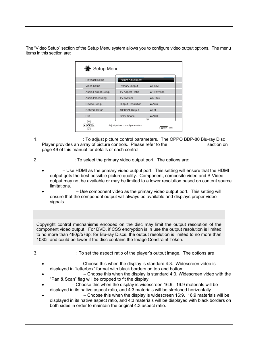 Video setup, Setup menu | OPPO Digital BDP-80 User Manual | Page 52 / 76