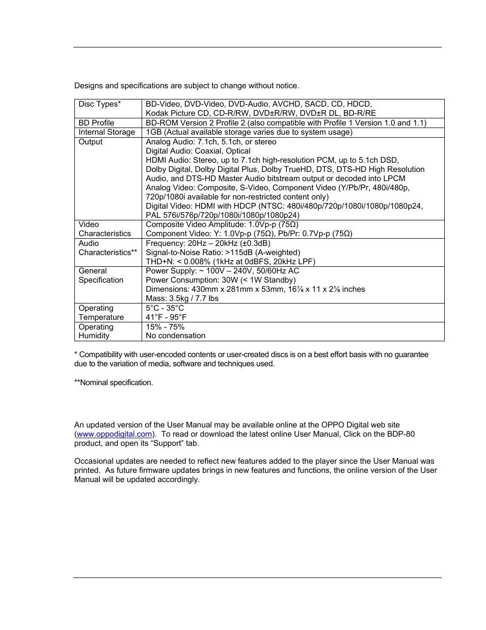 Specifications, User manual updates online | OPPO Digital BDP-80 User Manual | Page 73 / 76