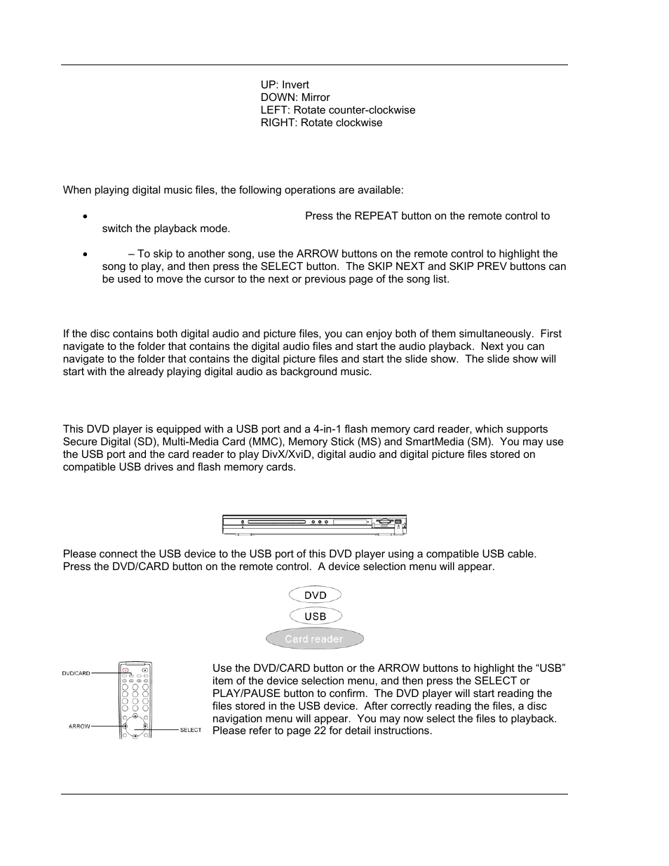 Digital music play operations, Use of usb equipment and 4-in-1 card reader, Playing usb device | OPPO Digital OPPO DV-970HD User Manual | Page 28 / 42