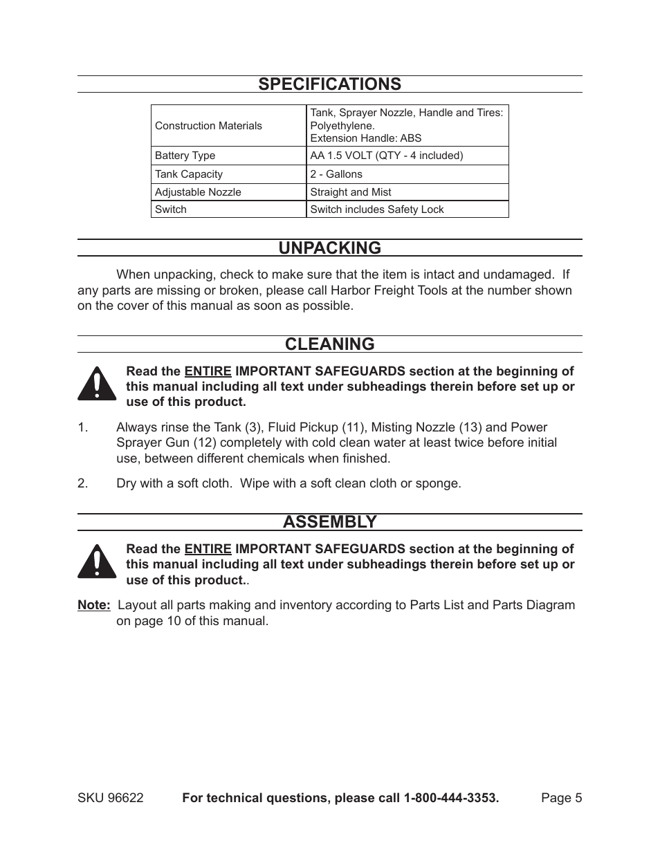 Specifications, Unpacking, Cleaning | Assembly | One Stop Gardens CADDY SPRAYER 96622 User Manual | Page 5 / 10