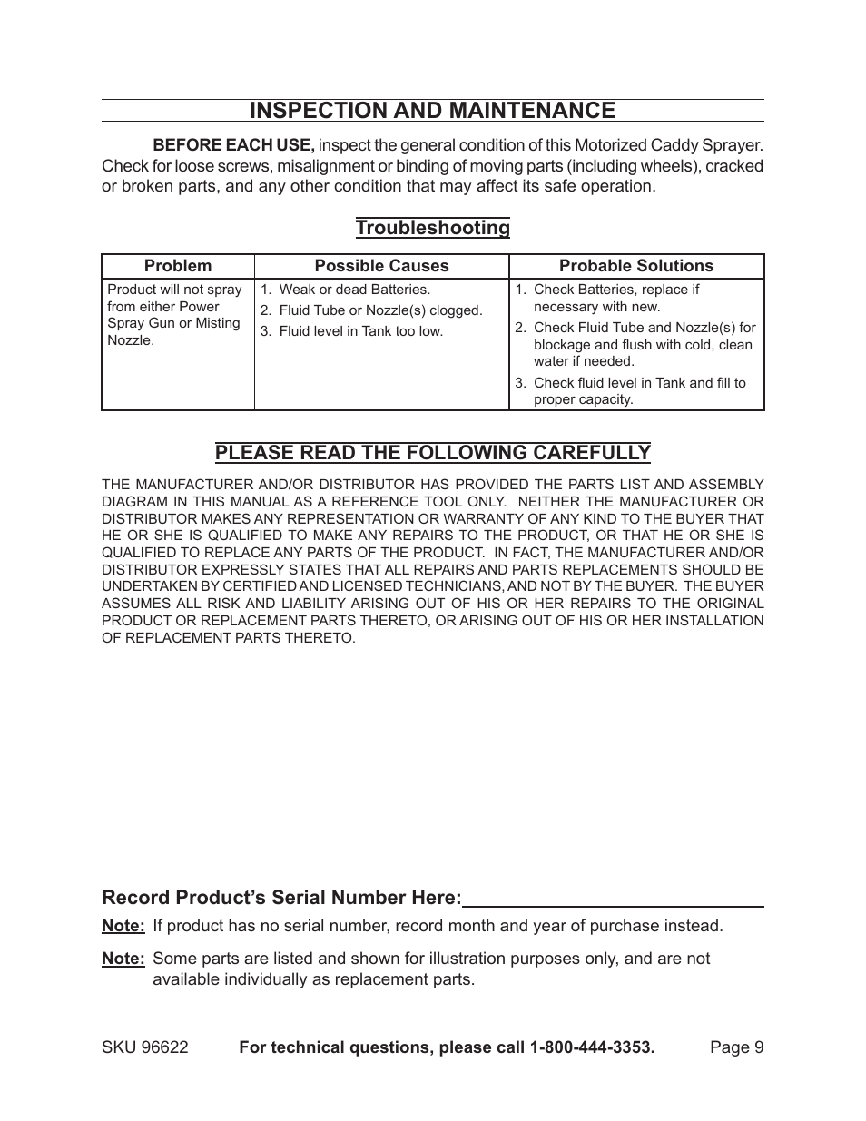 Inspection and maintenance, Troubleshooting, Please read the following carefully | Record product’s serial number here | One Stop Gardens CADDY SPRAYER 96622 User Manual | Page 9 / 10