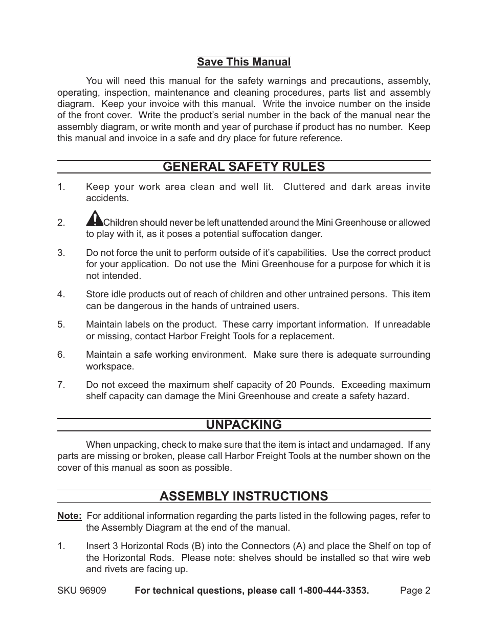 General safety rules, Unpacking, Assembly instructions | One Stop Gardens 96909 User Manual | Page 2 / 4