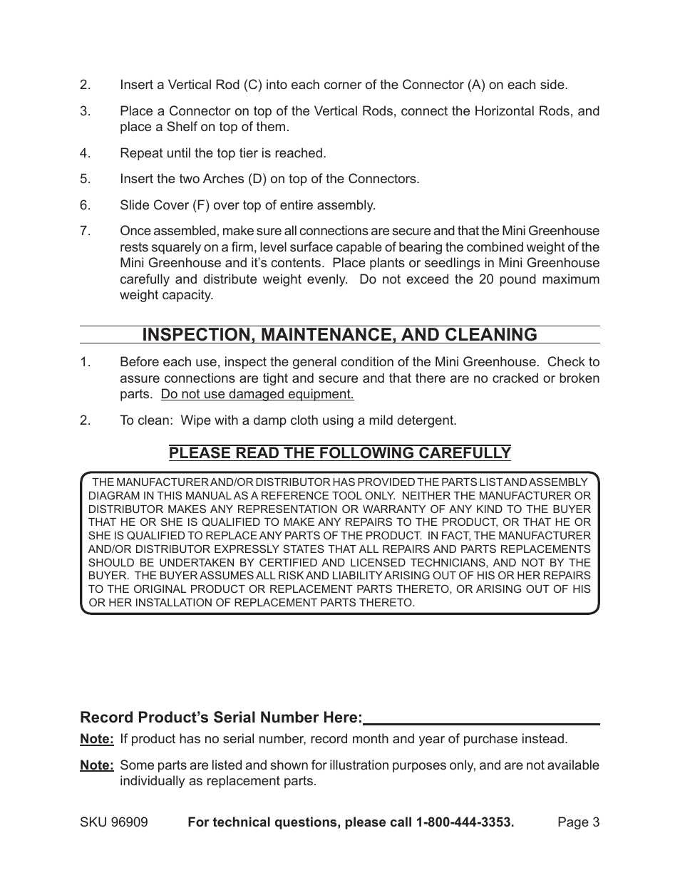 Inspection, maintenance, and cleaning, Please read the following carefully, Record product’s serial number here | One Stop Gardens 96909 User Manual | Page 3 / 4