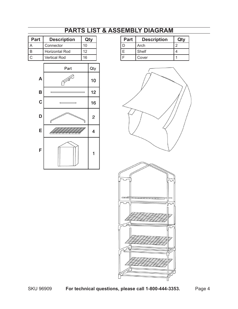 Parts list & assembly diagram | One Stop Gardens 96909 User Manual | Page 4 / 4