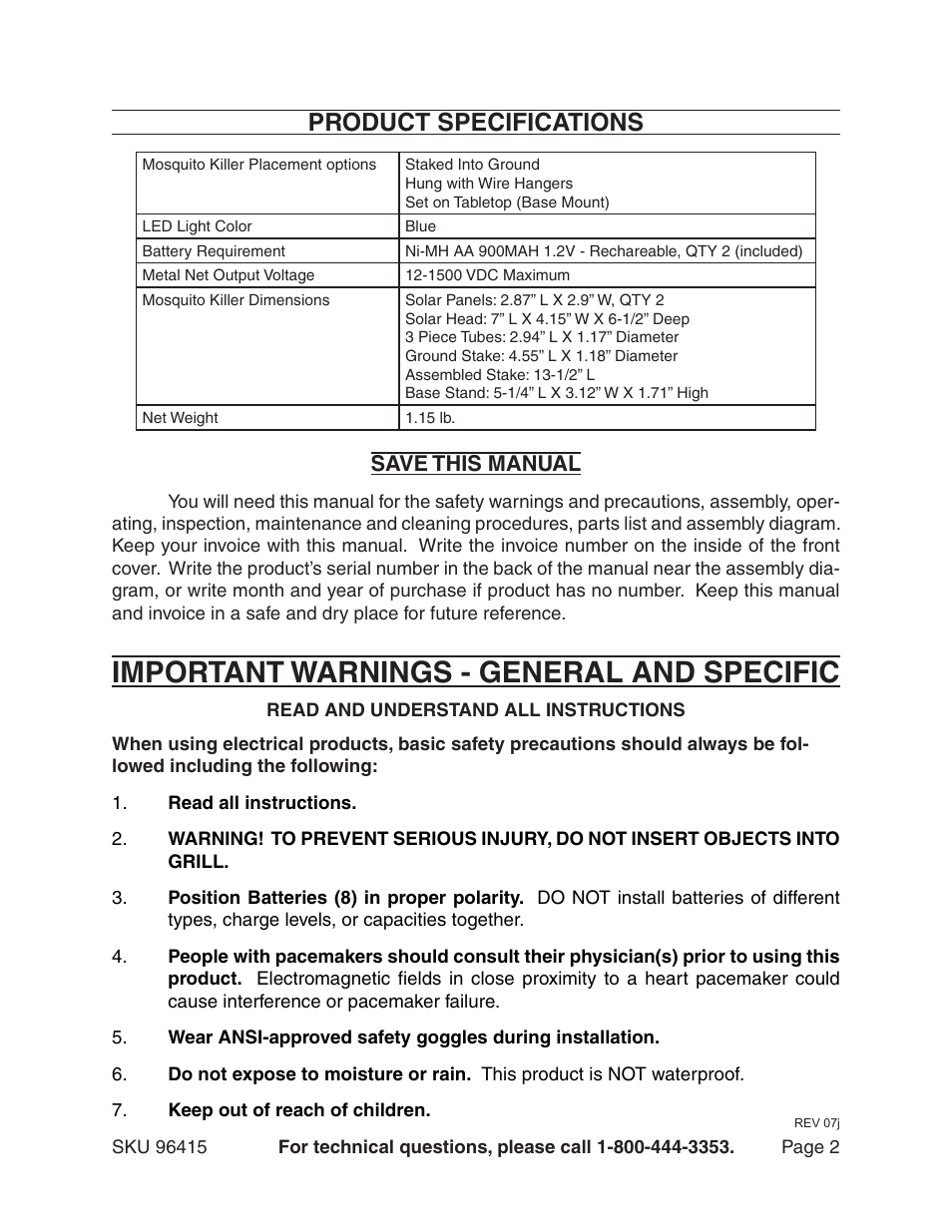 Important warnings - general and specific, Product specifications, Save this manual | One Stop Gardens 96415 User Manual | Page 2 / 6