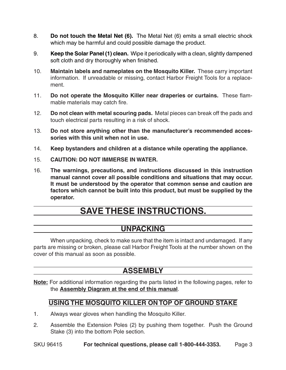 Save these instructions, Unpacking, Assembly | One Stop Gardens 96415 User Manual | Page 3 / 6