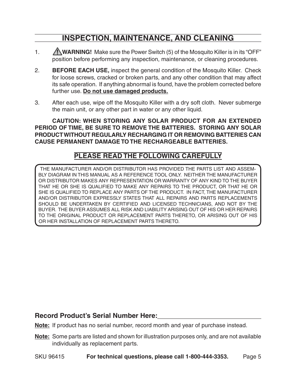 Inspection, maintenance, and cleaning | One Stop Gardens 96415 User Manual | Page 5 / 6