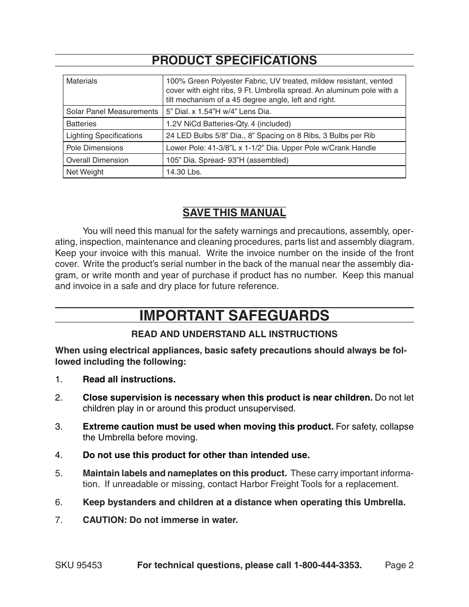 Important safeguards, Product specifications, Save this manual | One Stop Gardens 95453 User Manual | Page 2 / 9