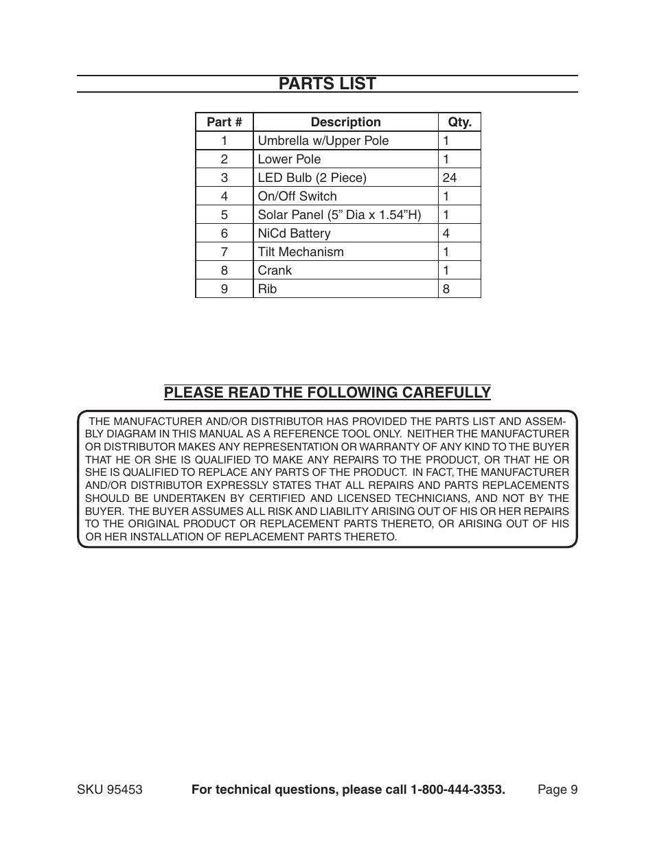 Parts list | One Stop Gardens 95453 User Manual | Page 9 / 9