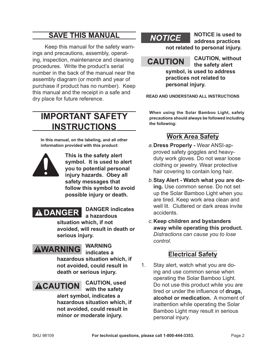 Important safety instructions, Save this manual | One Stop Gardens 98109 User Manual | Page 2 / 7