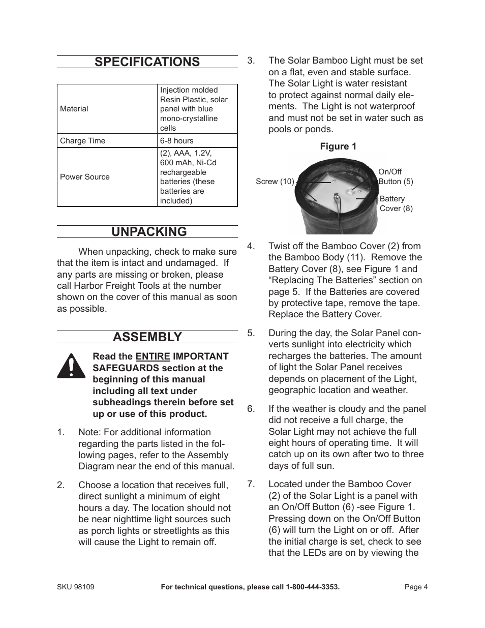 Specifications, Unpacking, Assembly | One Stop Gardens 98109 User Manual | Page 4 / 7