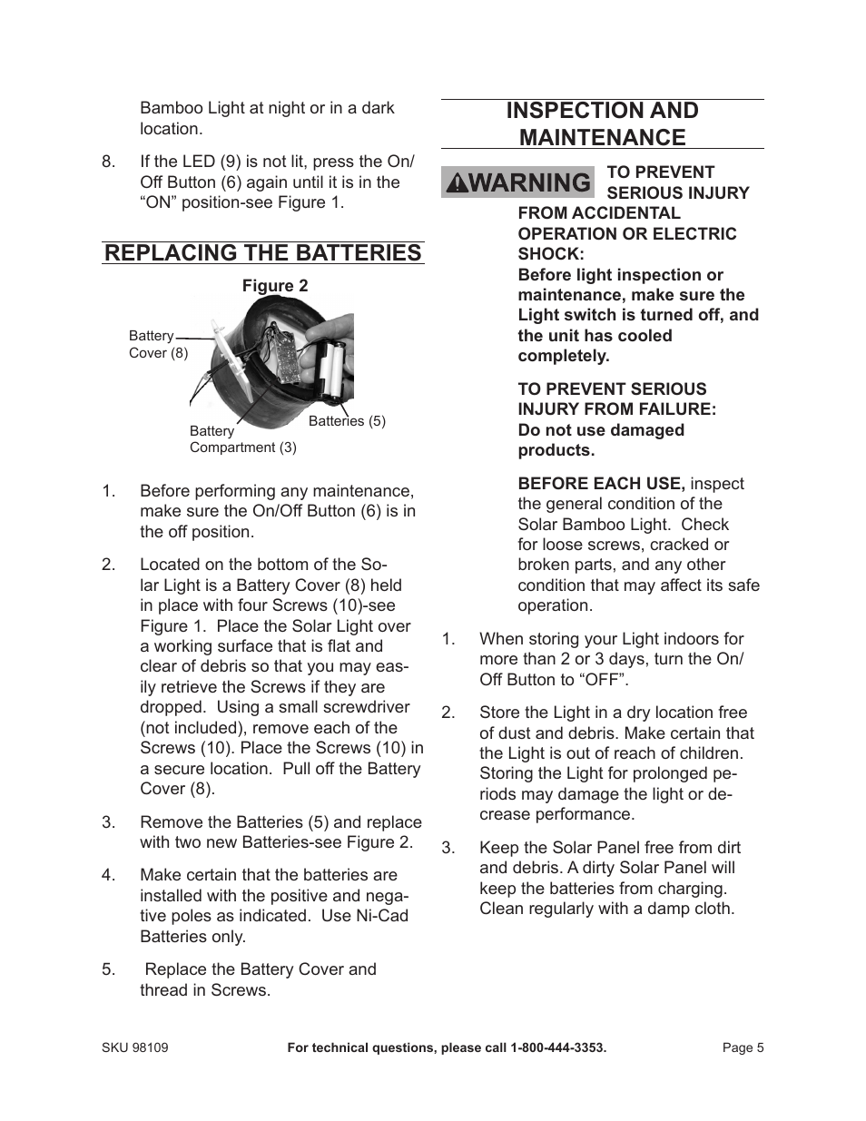 Replacing the batteries, Inspection and maintenance | One Stop Gardens 98109 User Manual | Page 5 / 7