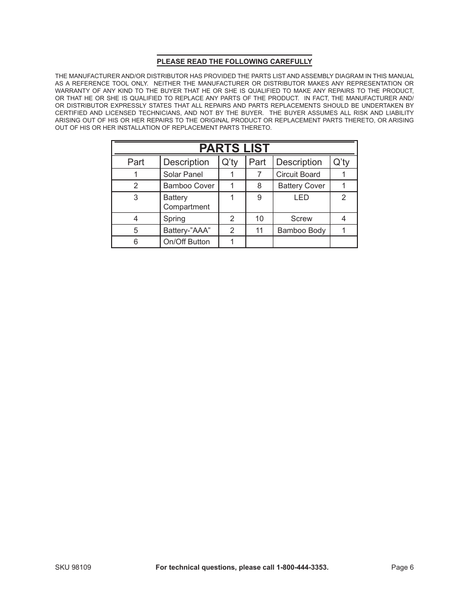 Parts list | One Stop Gardens 98109 User Manual | Page 6 / 7
